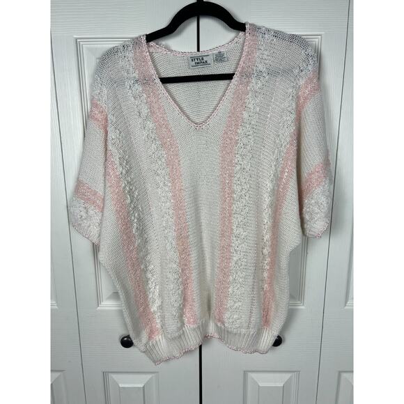 VTG 80s 90s Nubby Pastel Pink White Sweater XL Short Sleeve Large Coquette - Picture 2 of 9